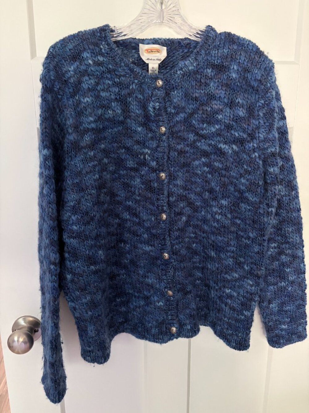 Vtg Talbots Italy Made 100% Wool Cardigan Sweater XL Blue Chunky Textured Knit